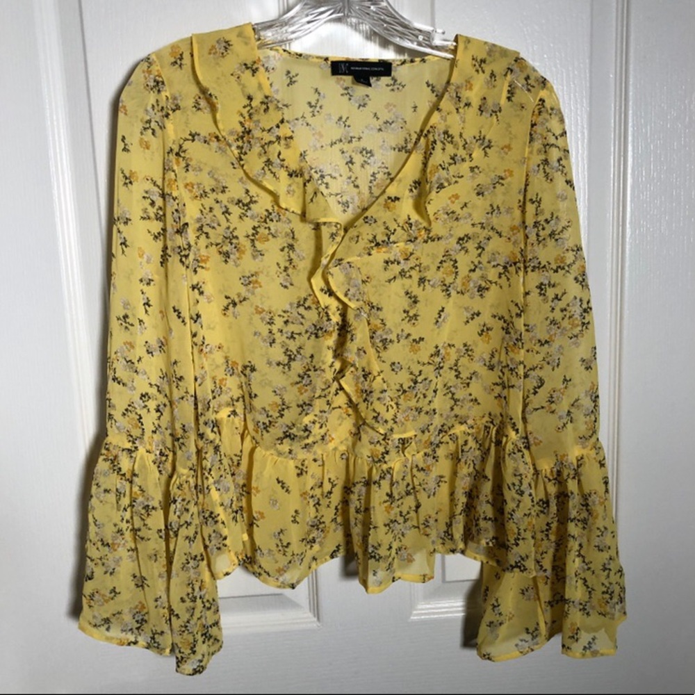 Flowy Yellow Floral Blouse With Bell Sleeves- INC (International Concepts)- NWOT
